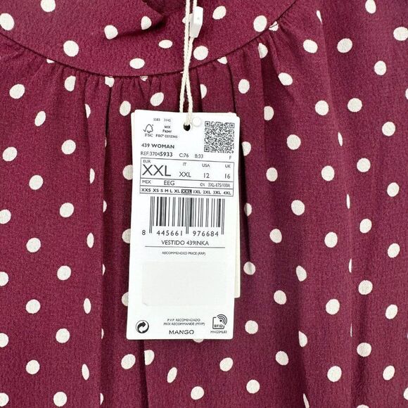 Mango MNG Flowy Polka Dot Mock Mini Dress Balloon Sleeve Burgundy Women's 12 NEW - Picture 7 of 9